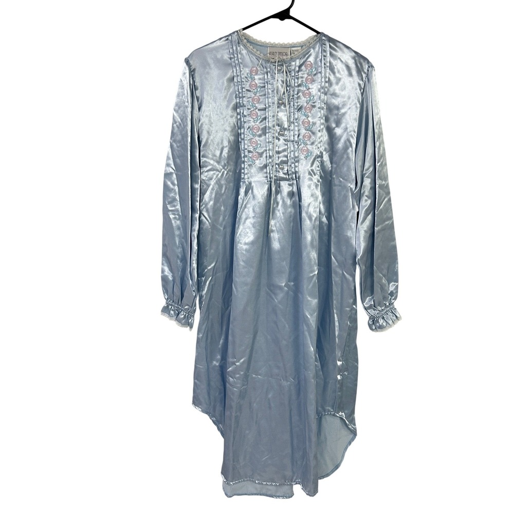 Vintage Blue Satin Long Nightgown Small Embroidered Pearl Coquette Ashley Taylor